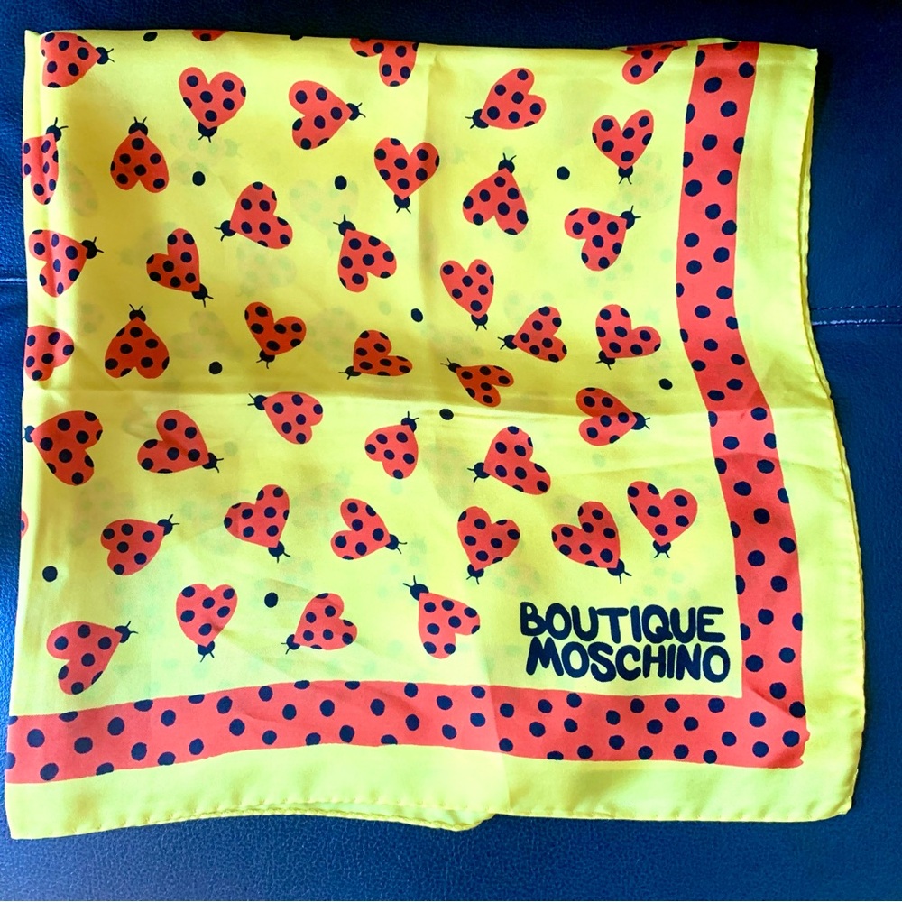 Moschino Boutique Silk Scarf Red Heart Lady Bugs 26”x26” - Picture 2 of 4